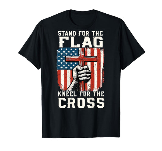 Men Stand for Flag Kneel The Cross Faith Christian Patriotic T-Shirt