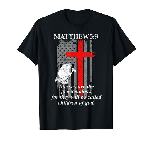 Thin Red Line Fireman Cross Bible Verse Firefighter USA Flag T-Shirt