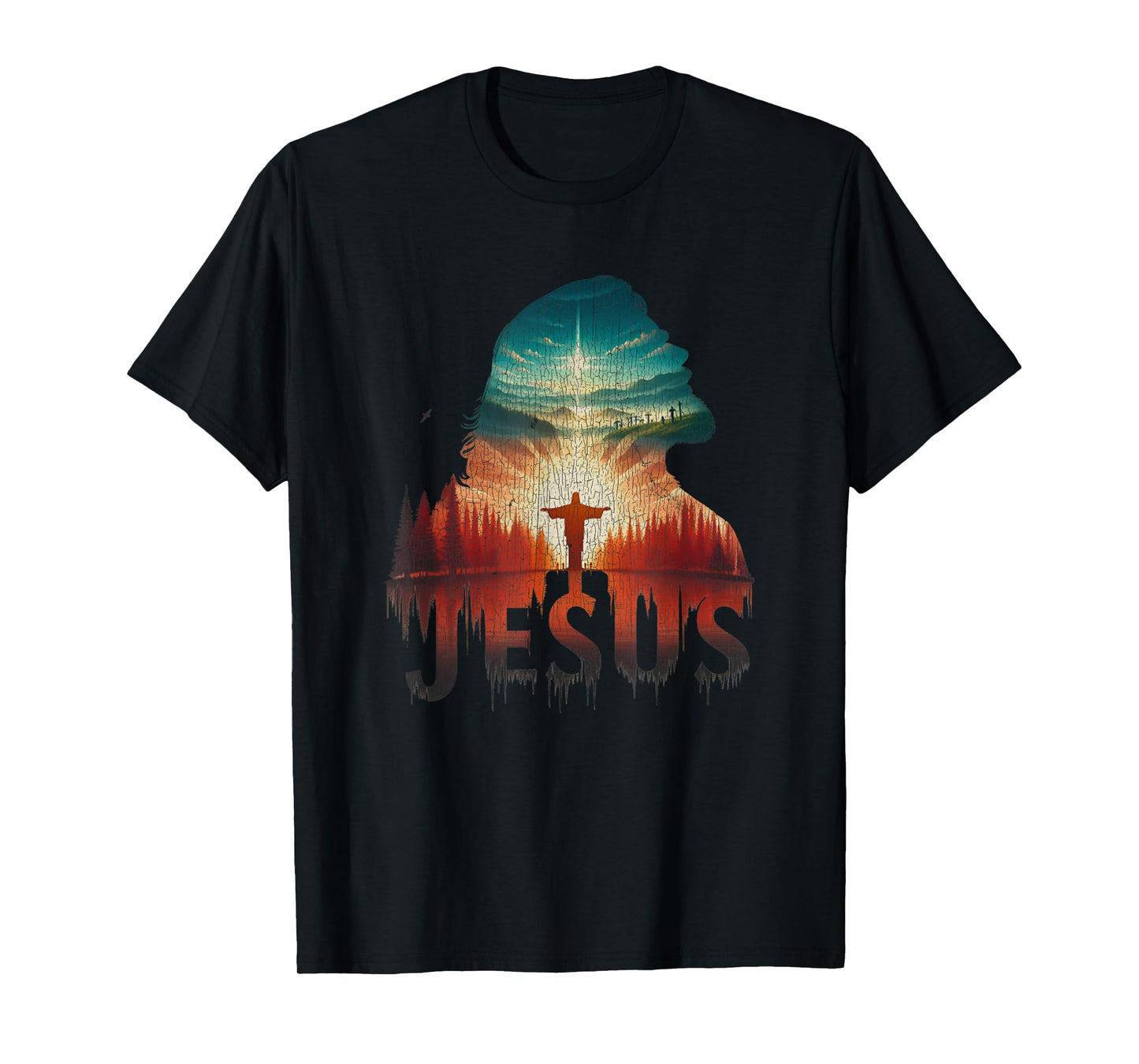 Vintage Jesus Christ Portrait Retro Sunset Mountain T-Shirt