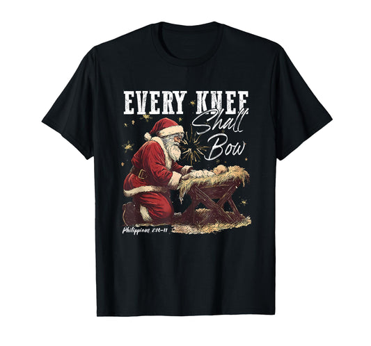 Retro Every Knee Shall Bow Santa Clause Religious Christmas T-Shirt