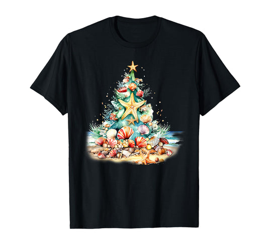 SeaShells Christmas Tree Ocean Water Starfish Beach Xmas T-Shirt