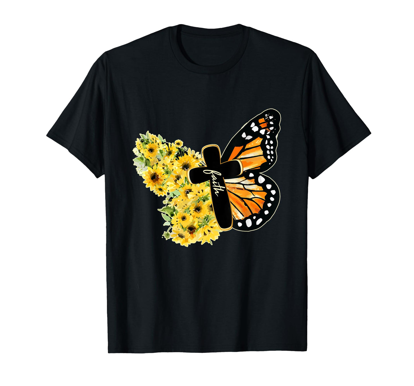 Faith Cross Sunflower Butterfly Christian Vintage T-Shirt