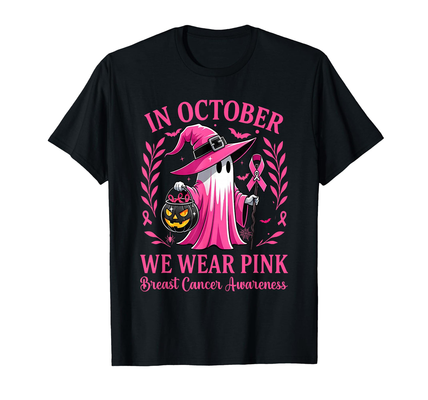 Halloween Pink Ghost Witch Breast Cancer Awareness Women T-Shirt