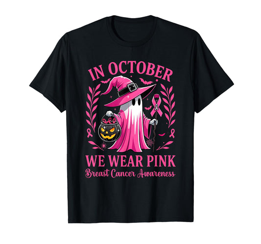 Halloween Pink Ghost Witch Breast Cancer Awareness Women T-Shirt