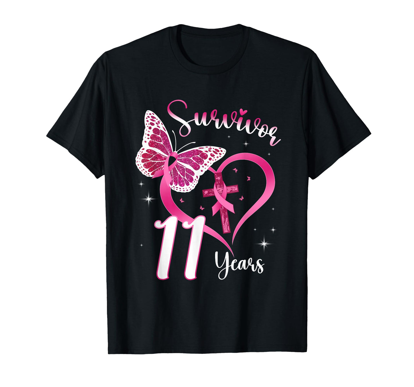 Breast Cancer Survivor Pink Ribbon Butterfly 11 Years Gift T-Shirt