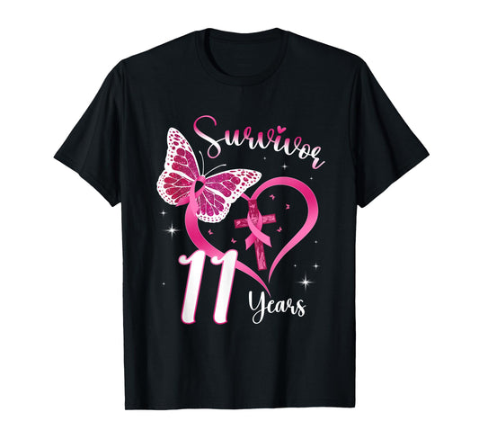 Breast Cancer Survivor Pink Ribbon Butterfly 11 Years Gift T-Shirt