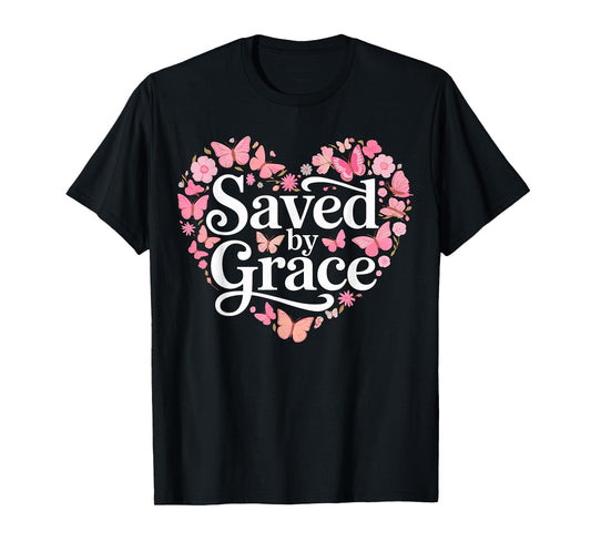 Saved by Grace Heart Floral Christian Faith T-Shirt