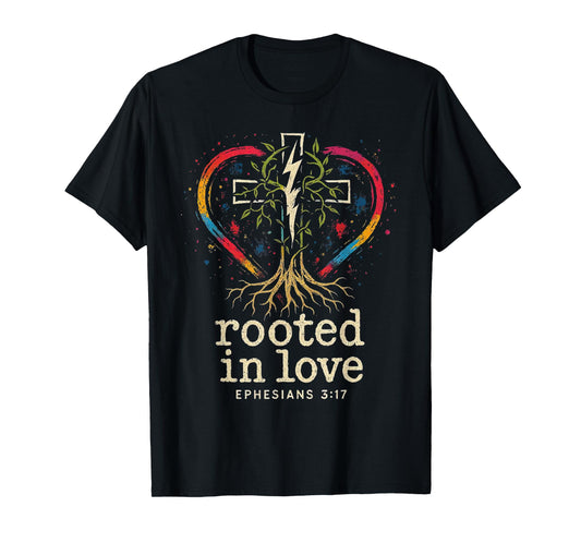 Cross of Jesus Rooted in Love -Punk Art Distressed Christian T-Shirt