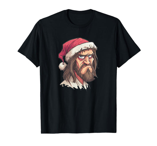 Funny Grumpy Jesus Christ with Christmas Hat Costume T-Shirt