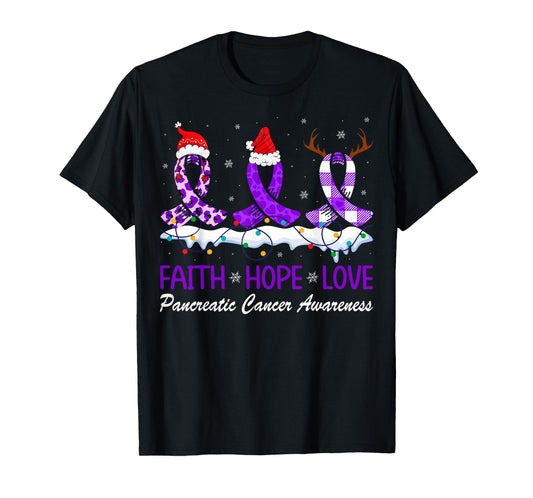 Faith Hope Love Pancreatic Awareness Purple Ribbon Christmas T-Shirt