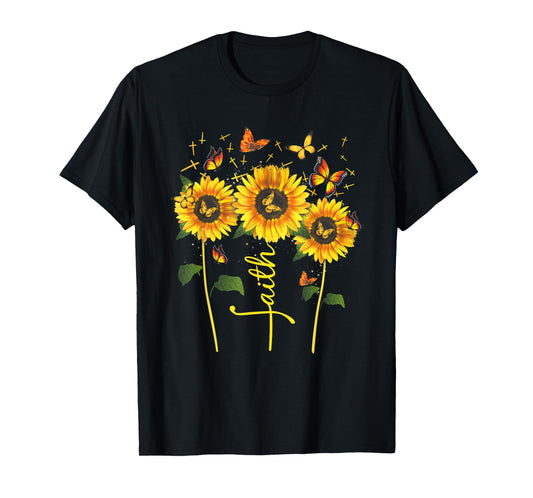 Vintage Faith Cross Sunflower Butterflies Flowers Christians T-Shirt