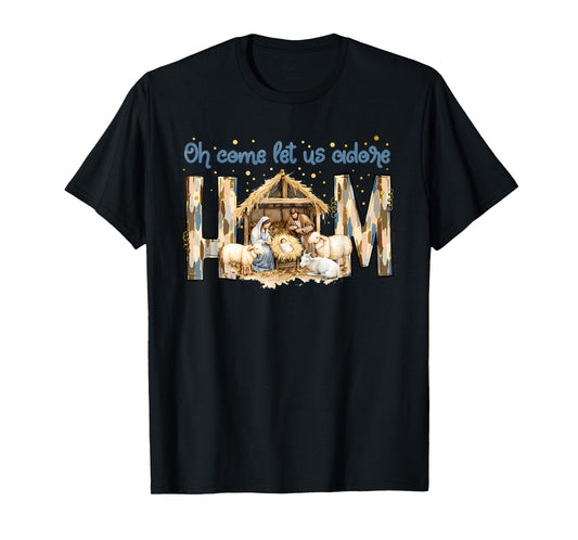 Oh Come Let Us Adore Him Vintage Jesus Christmas T-Shirt - Unisex-Adults, Unisex-Kids - Black - Small - Short Sleeve - Christmas-Themed Jesus T-Shirt
