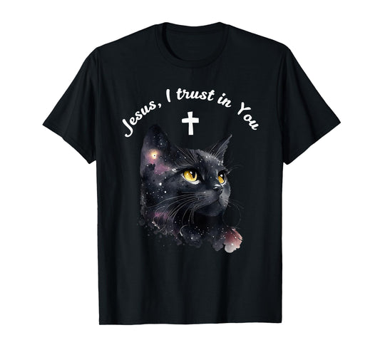 Catholic Woman Girl Jesus Kitty Black Cat Christian Faith T-Shirt
