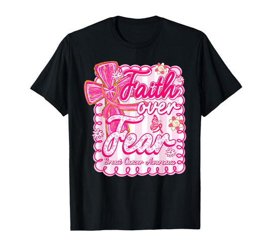 Faith Over Fear Coquette Bow Plaid Breast Cancer Awareness T-Shirt