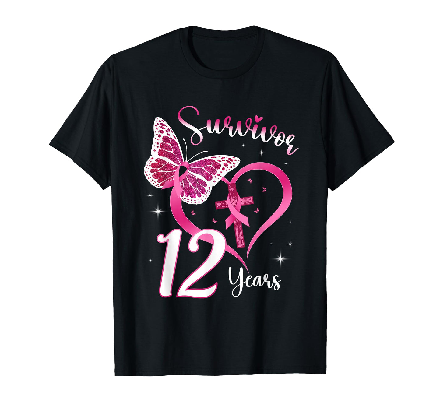 Breast Cancer Survivor Pink Ribbon Butterfly 12 Years Gift T-Shirt
