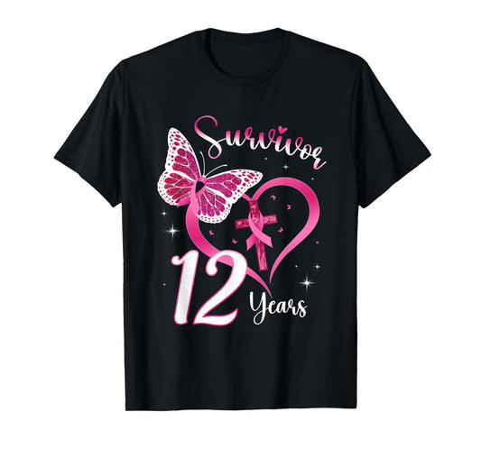 Breast Cancer Survivor Pink Ribbon Butterfly 12 Years Gift T-Shirt