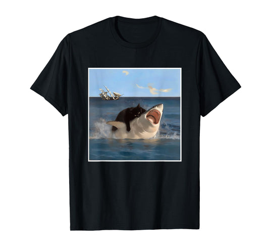 funny Art & Cat Lover Quote Cat Biting Shark Cool Fat Cat T-Shirt for Men Women