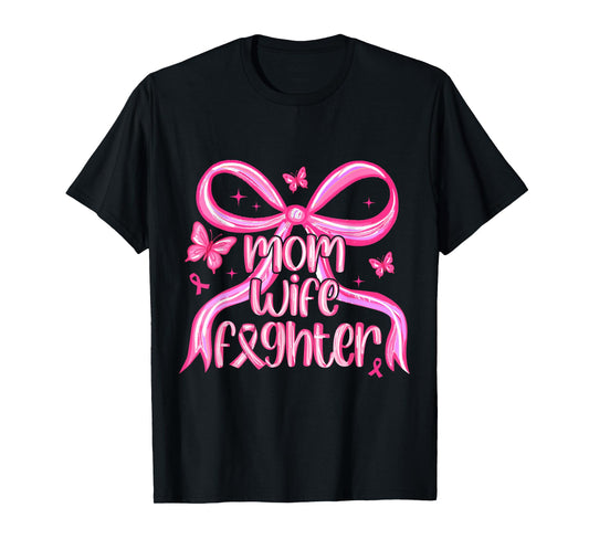 Mom Wife Fighter Breast Cancer Awareness Women Preppy Bow T-Shirt