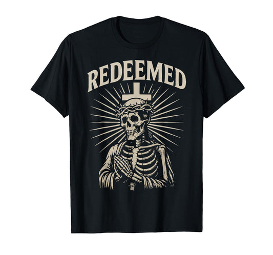 Redeemed Christian Skeleton Vintage Cross Crown of Thorns T-Shirt