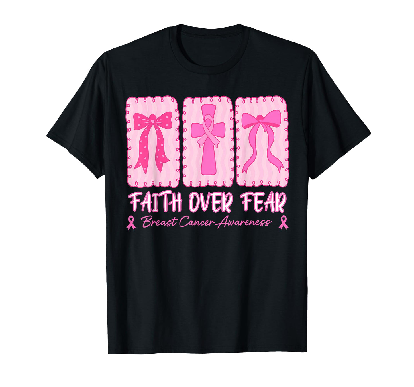 Retro Checkered Faith Over Fear, Jesus Cross Breast Cancer T-Shirt