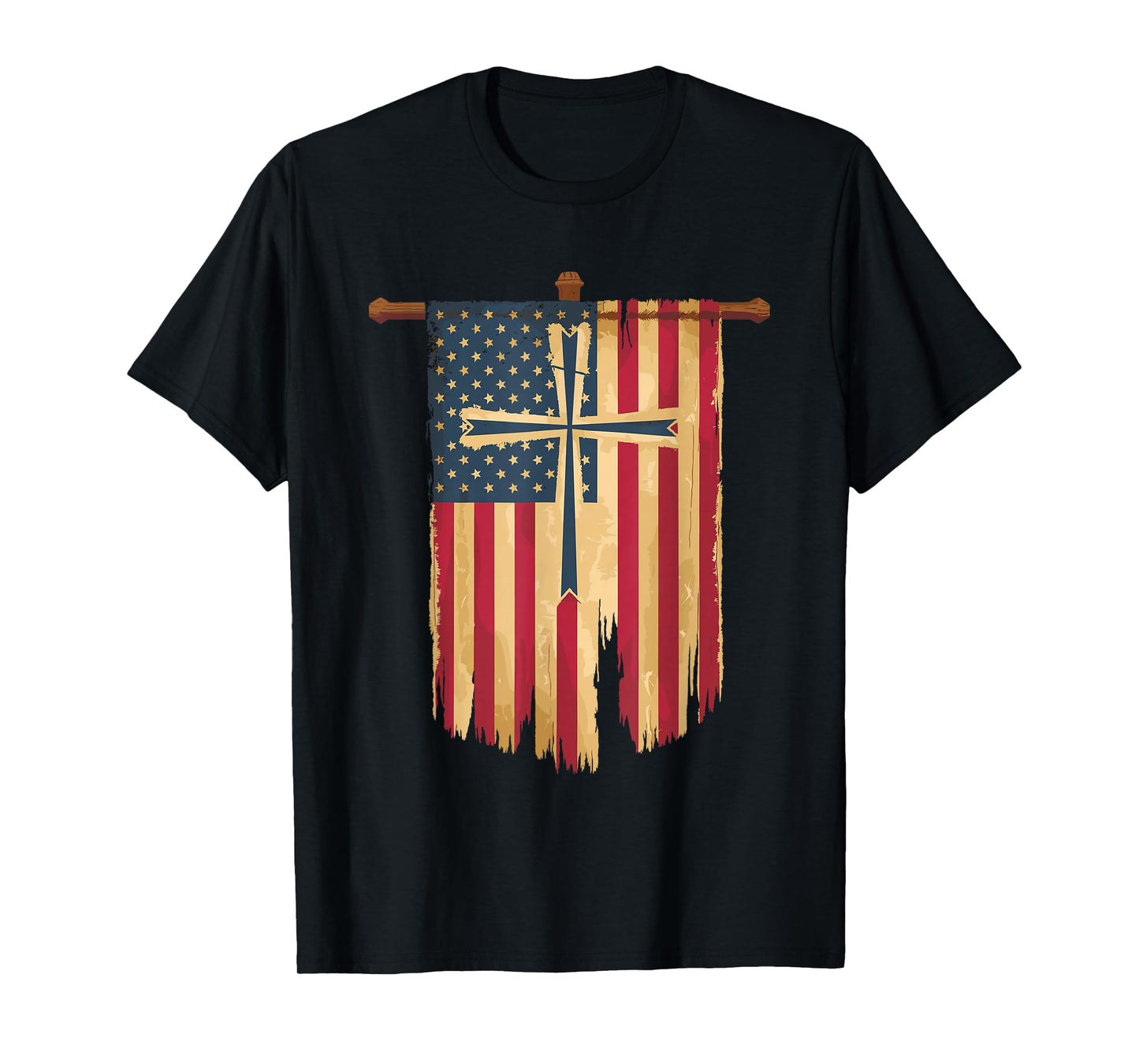 Distressed American Flag Cross Faith Design T-Shirt