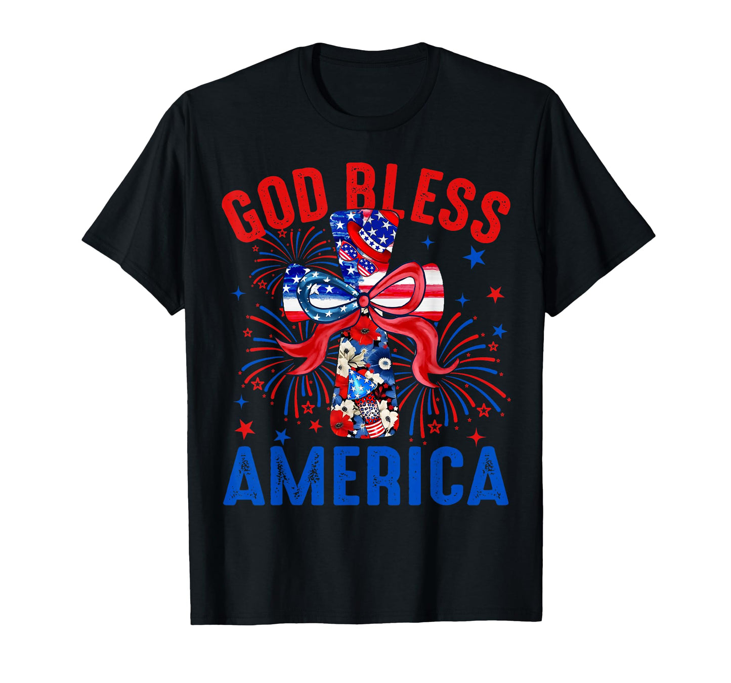 God Bless America Coquette Bow Cross 4th July Christian T-Shirt