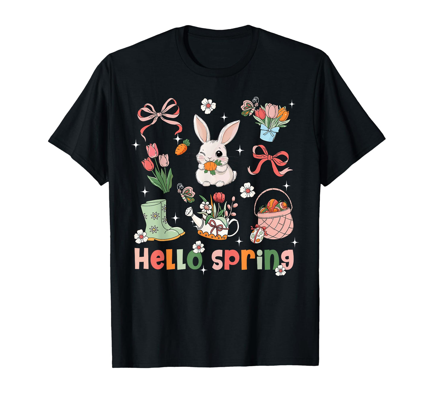Hello Spring Bunny Rabbit Coquette Bow Easter Day Egg Hunt T-Shirt