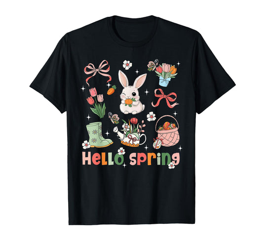 Hello Spring Bunny Rabbit Coquette Bow Easter Day Egg Hunt T-Shirt