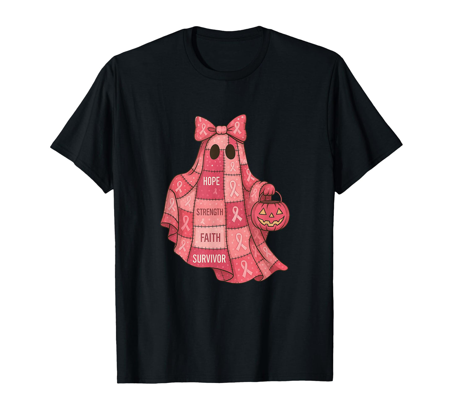 Breast Cancer Awareness Ghost, Pink Ribbon Patchwork Ghost T-Shirt