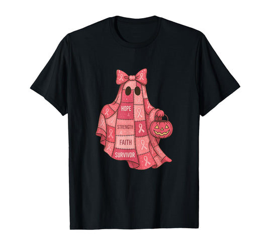 Breast Cancer Awareness Ghost, Pink Ribbon Patchwork Ghost T-Shirt