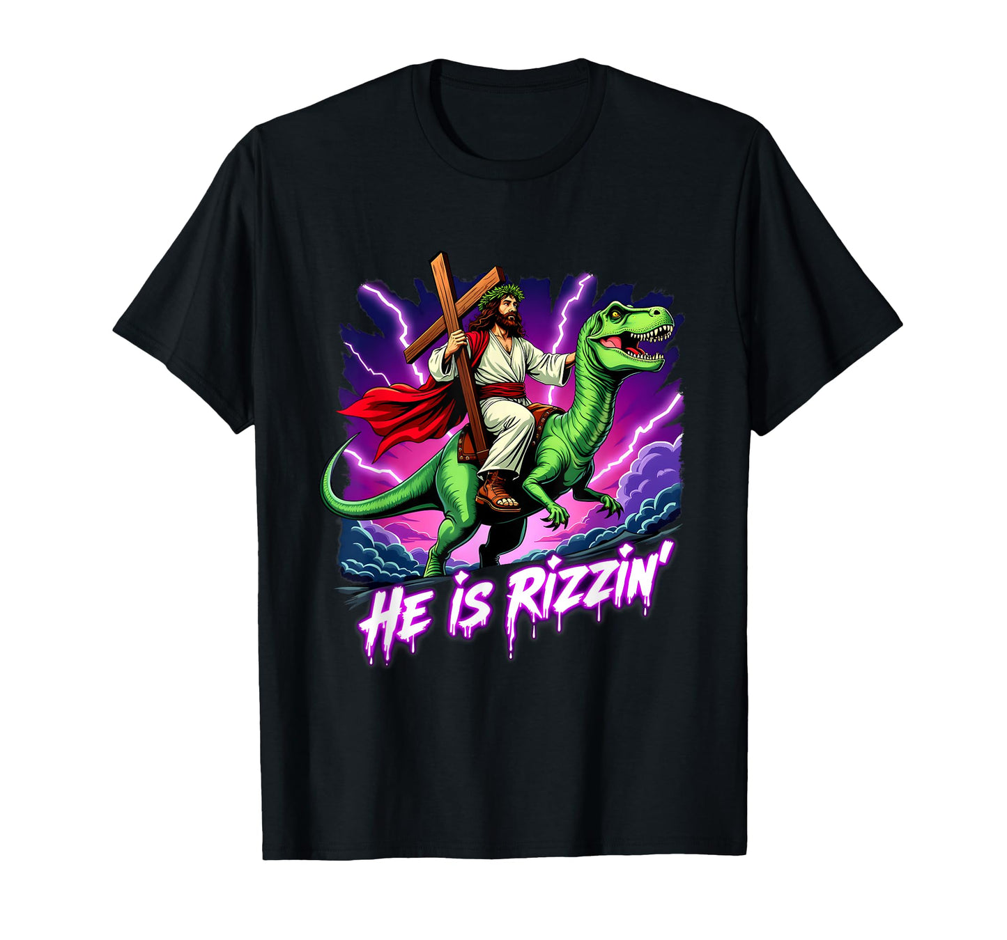 Retro Jesus Christian He Is Rizzin' Riding T-Rex Dinosaur T-Shirt
