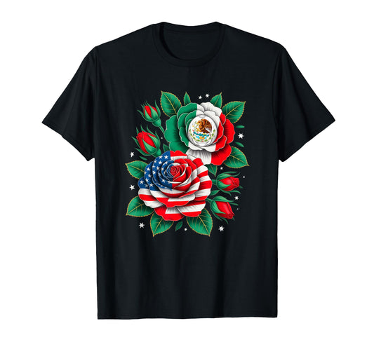 Mexico Mexican Flag Usa American Flag Rose Flower Mexicana T-Shirt