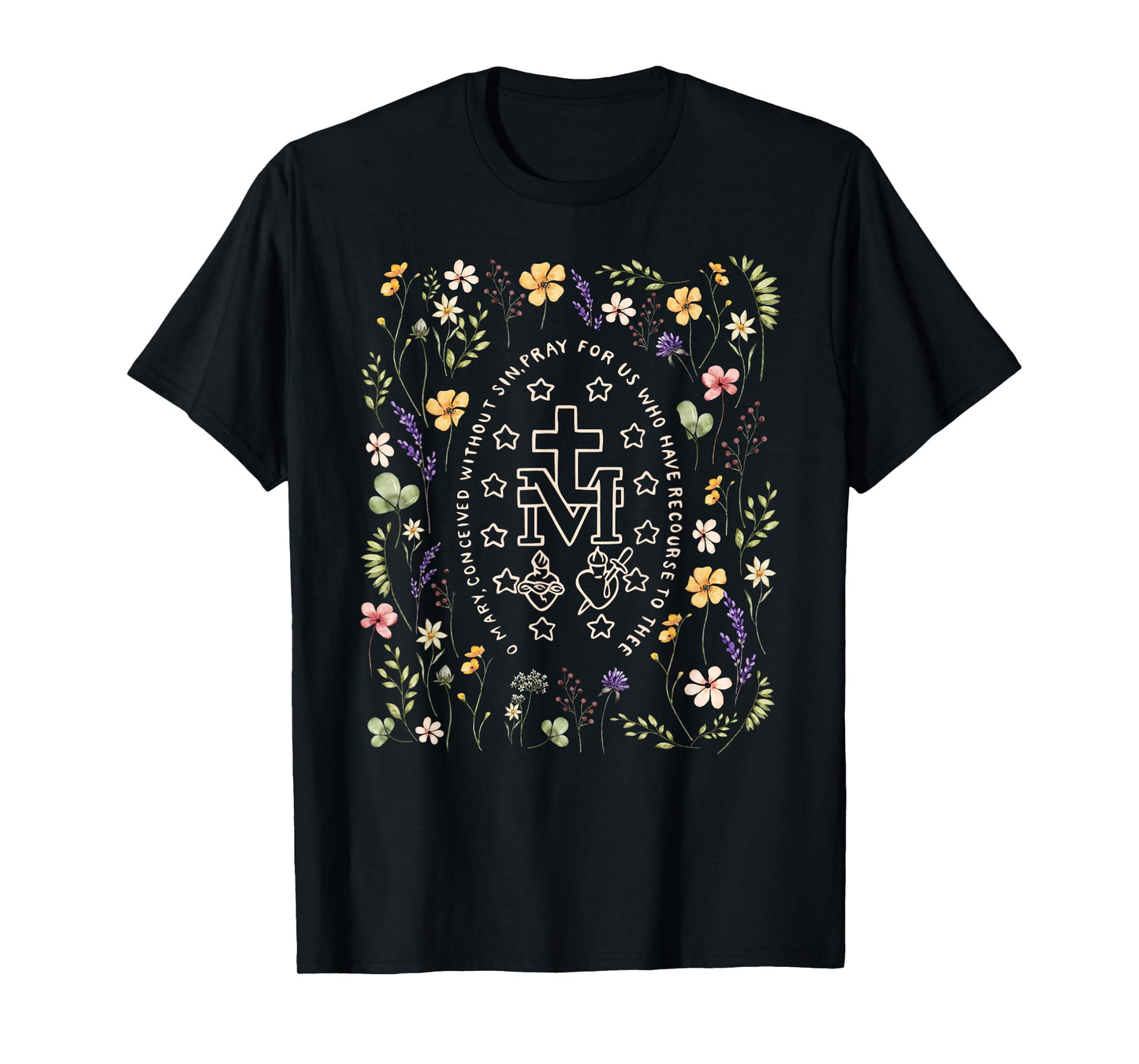 Miraculous Medal Floral Marian Catholic Mary Christian T-Shirt