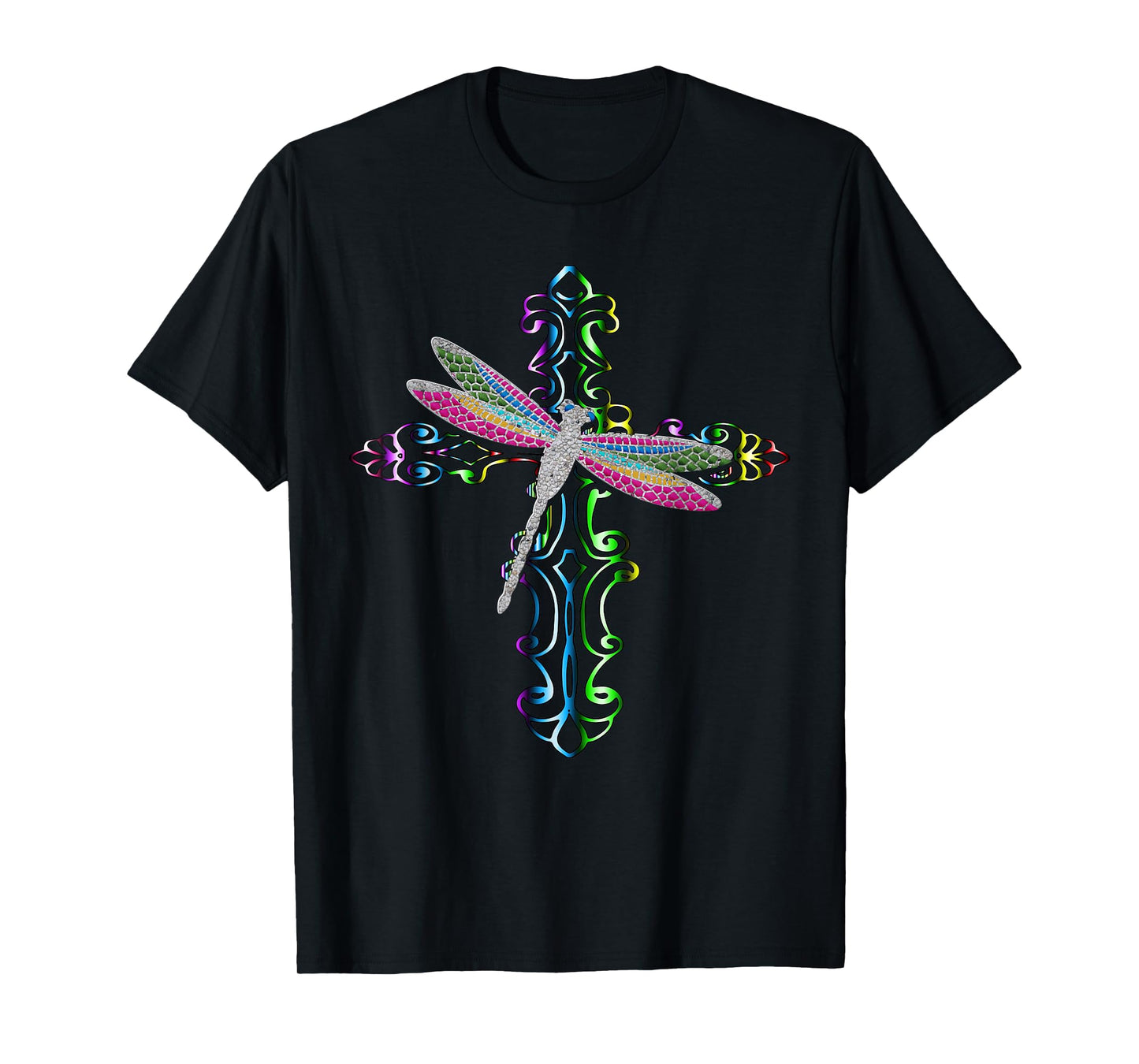 Rainbow Dragonfly Cross Christian Religious Faith Jesus T-Shirt