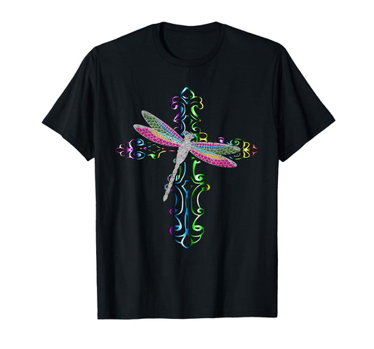 Rainbow Dragonfly Cross Christian Religious Faith Jesus T-Shirt