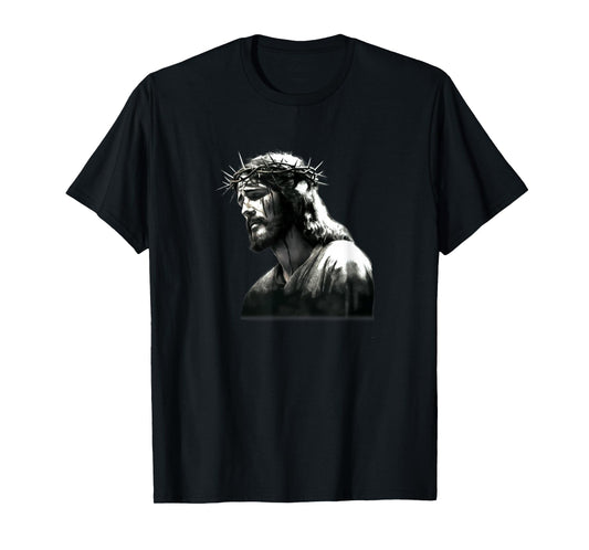 Face of Jesus Crown of Thorns He Has Risen Faith Bible T-Shirt
