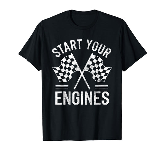 Start Your Engines Vintage Checkered Flag Race Car T-Shirt