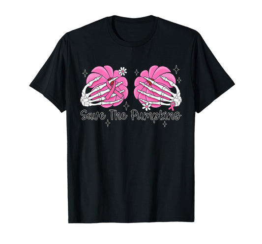 Skeleton Hand Boobs Save The Pumpkin Breast Cancer Halloween T-Shirt