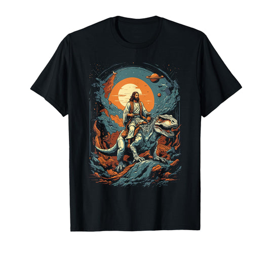Jesus Riding in Space T-Rex Dinosaur Meme Sci-Fi Believers T-Shirt