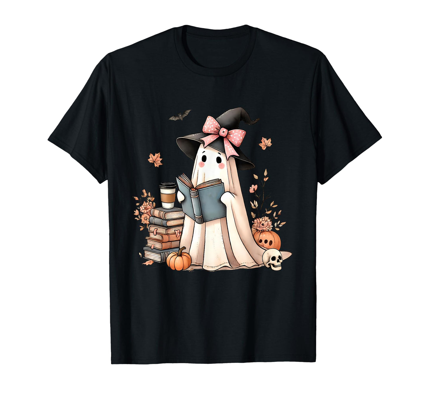 Cute Ghost Reading Book Lovers Halloween Ghost Coffee Women T-Shirt