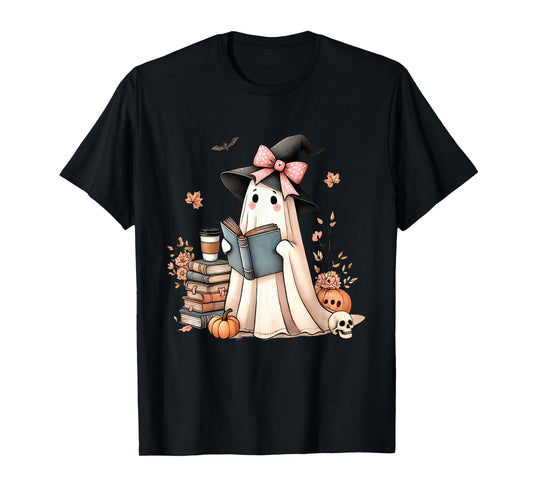 Cute Ghost Reading Book Lovers Halloween Ghost Coffee Women T-Shirt