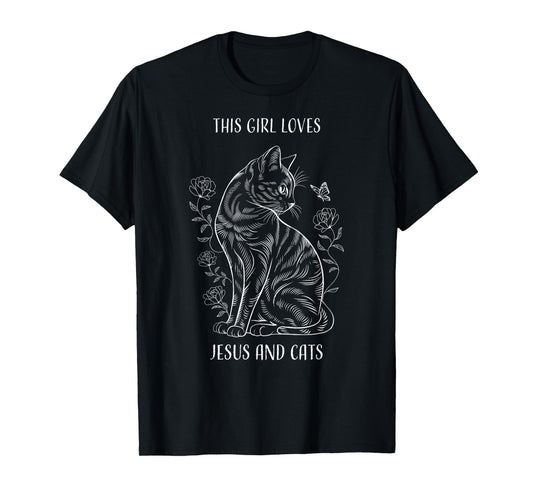 This Girl Loves Jesus and Cats Pretty Sketch Christian T-Shirt