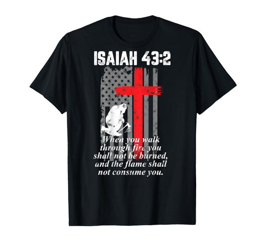 Thin Red Line Firefighter cross Bible Verse American Flag T-Shirt