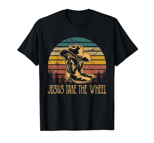 Vintage Funny Music Designs Jesus Take The Wheel Western Horse Riding T-Shirt