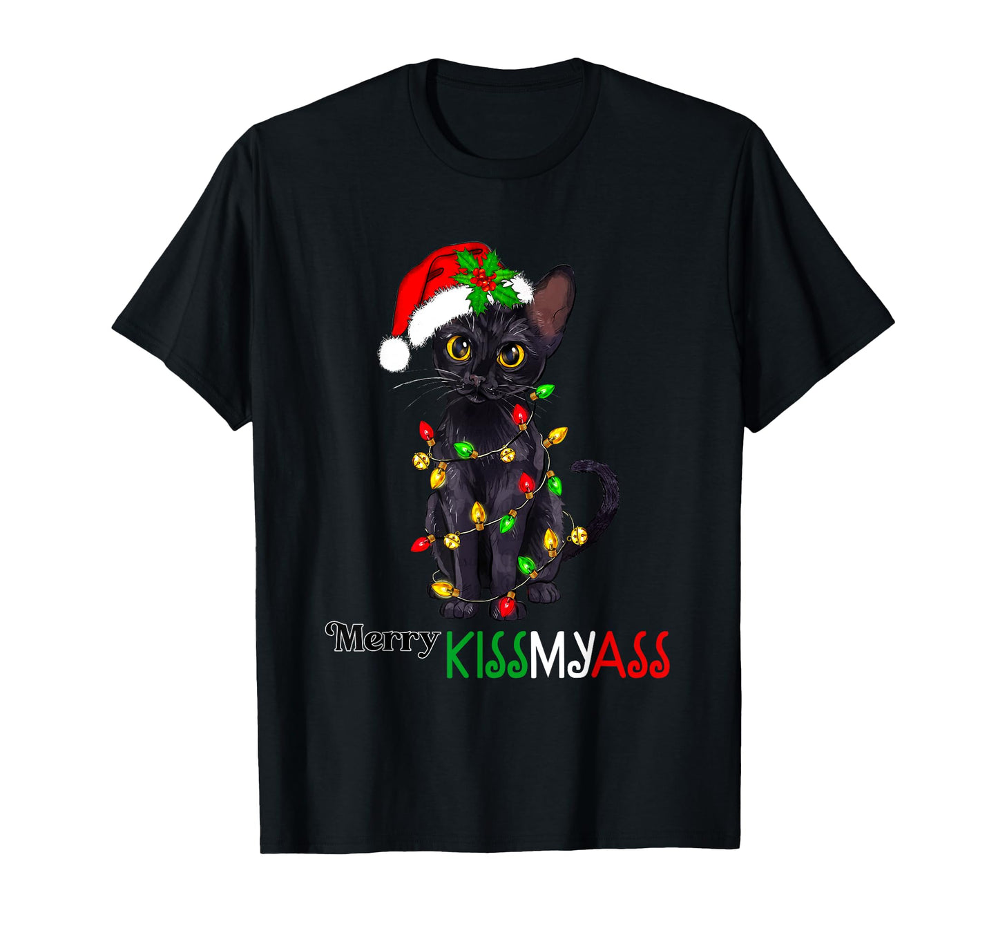 Funny Black Cat Merry Kissmyass Xmas Pajamas Chritsmas T-Shirt for Men Women