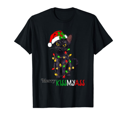 Funny Black Cat Merry Kissmyass Xmas Pajamas Chritsmas T-Shirt for Men Women