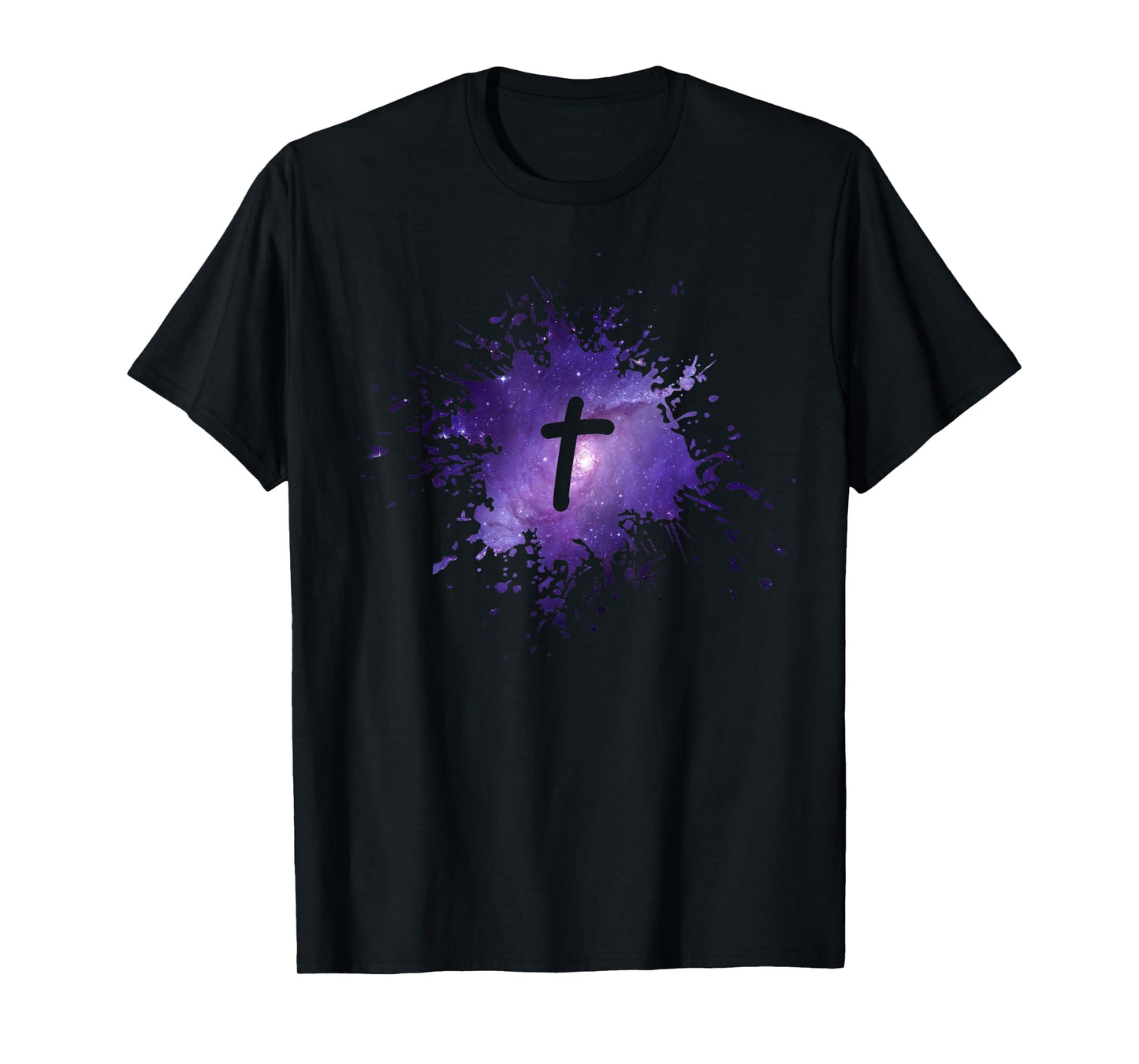 Purple Galaxy Splatter Design with Cross Christian Men Women T-Shirt