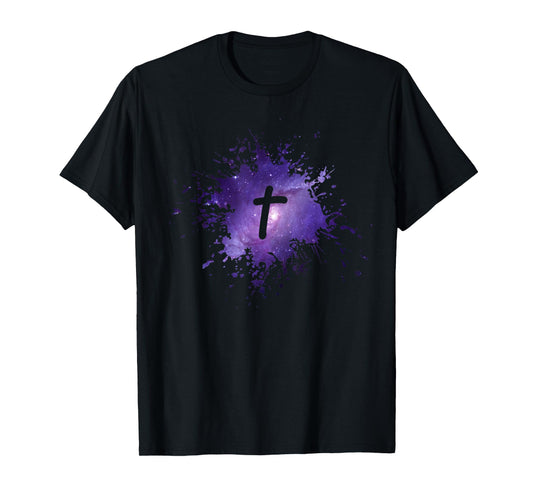 Purple Galaxy Splatter Design with Cross Christian Men Women T-Shirt