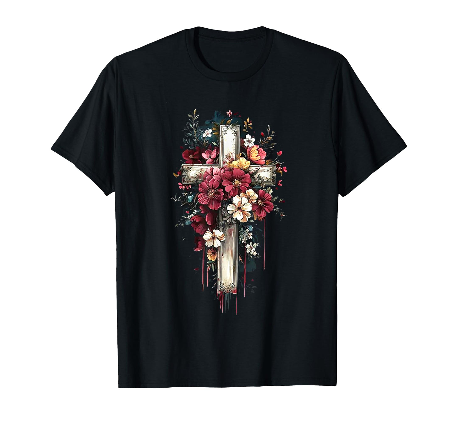 Retro Faith Floral Cross Flowers Blooming Cross Christian T-Shirt