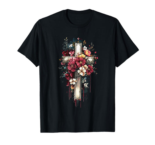 Retro Faith Floral Cross Flowers Blooming Cross Christian T-Shirt